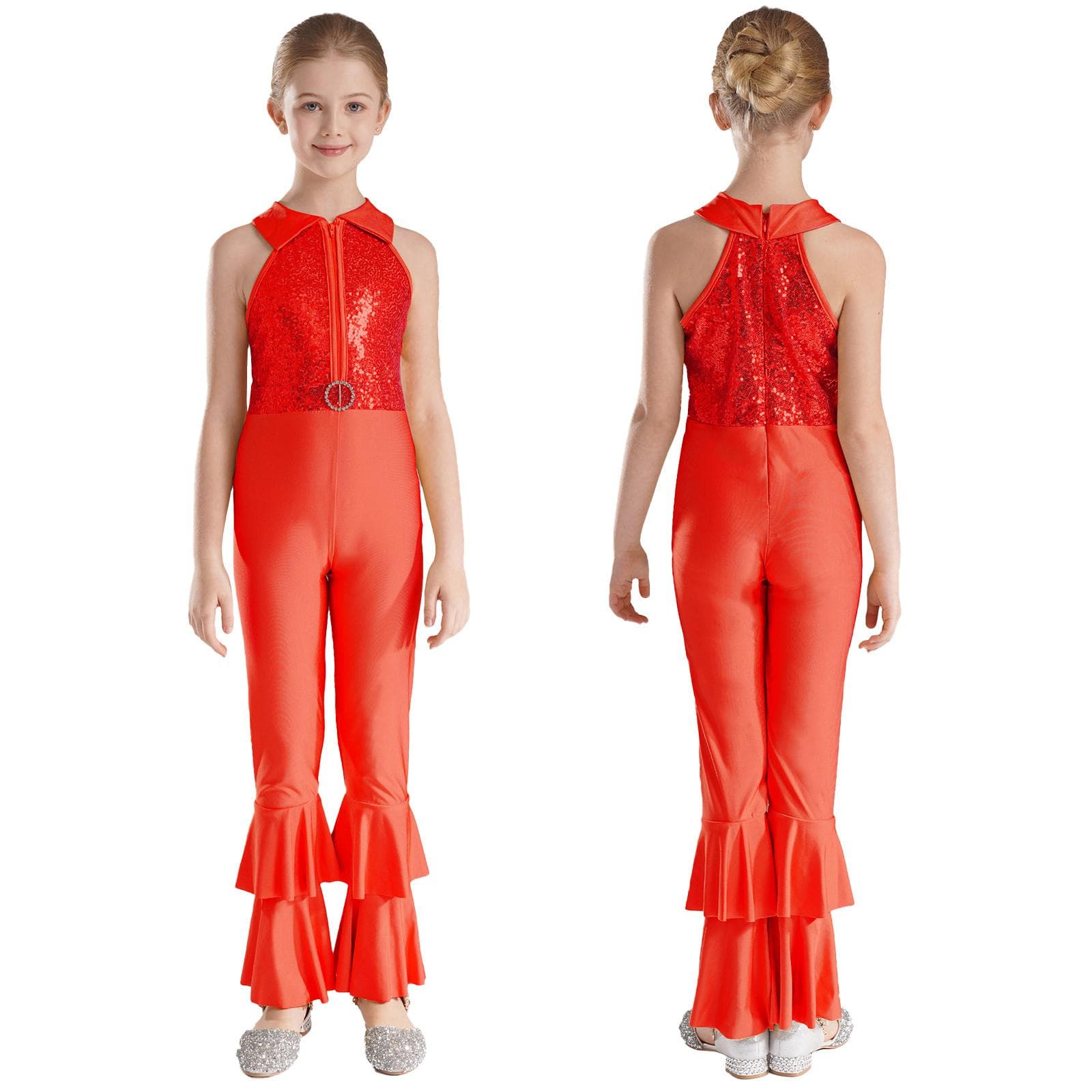 Kids Girls Bronzing Cloth One Piece Sleeveless Tiered Bell-bottom Pants Style Unitard Bodysuit Costumes 11-12 Years red