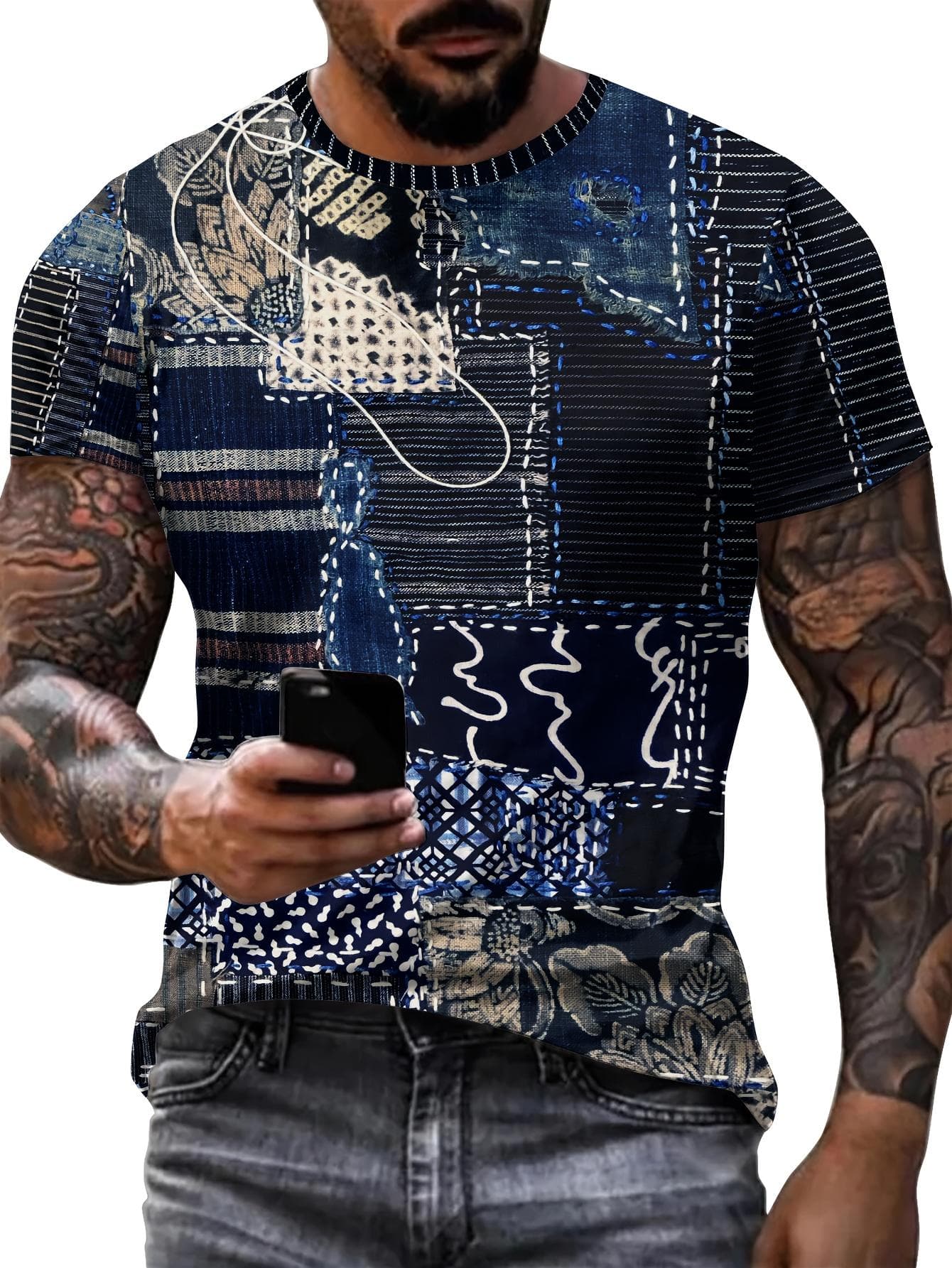 Men's T Shirt 3D Digital Patchwork Graphic Print Short Sleeve T-Shirts Comfy Casual Elastic Crew Neck Men Outdoor Activities Top 4XL