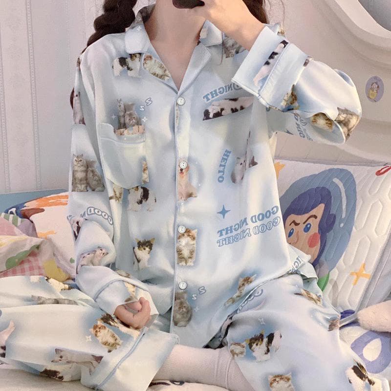 Autumn New Soft Pajamas for Women Lapel Button Cardigan Sets for Women 2 Pieces Cute Cat Printing Pajamas for Girls XXL