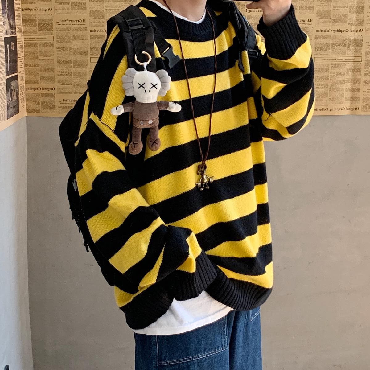 Autumn and Winter Men's Casual Fashion Striped Sweater Loose Round Neck Couple Knit Sweater L black/yellow