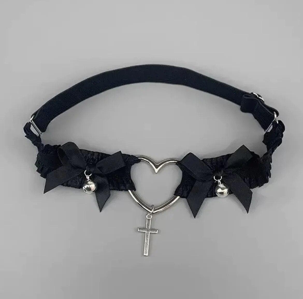 Gothic Lace Garter Belt Heart Bowknot Cross Pendant Leg Garters Black White Elastic Strap Cosplay Leg Harness black