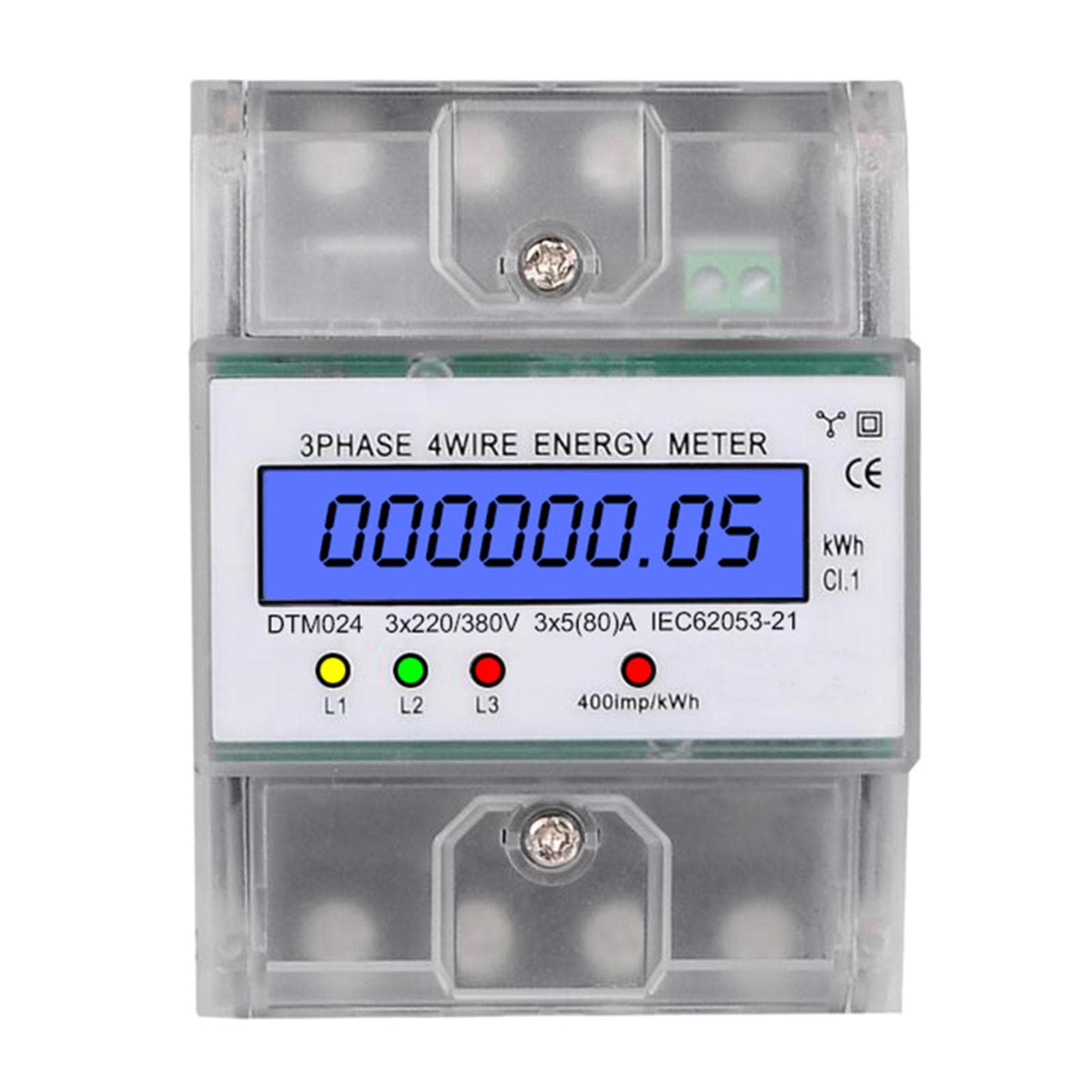 3 Phase 4 Wire Energy Meter 220/380V 5-80A Energy Consumption kWh Meter DIN Rail Installation transparent