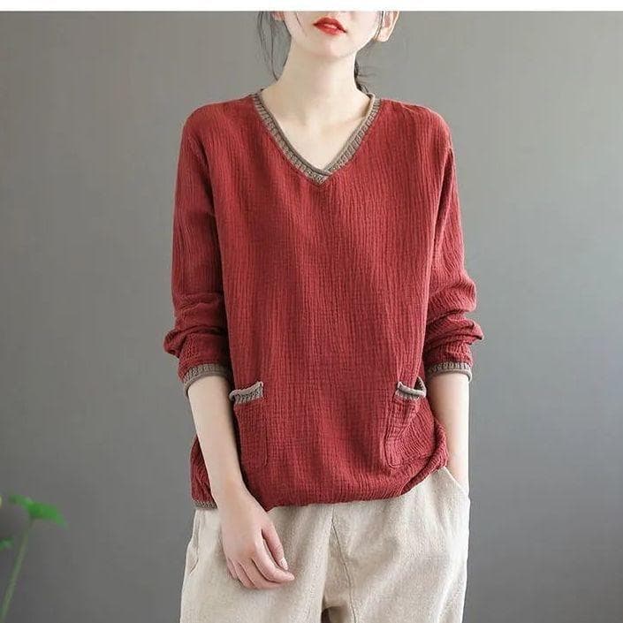 Oversized Vintage T Shirt Women Cotton Linen T-Shirt Long Sleeve Floral Loose Tee Shirt Woman Autumn Tshirt Ladies Tops Casual XL brick red