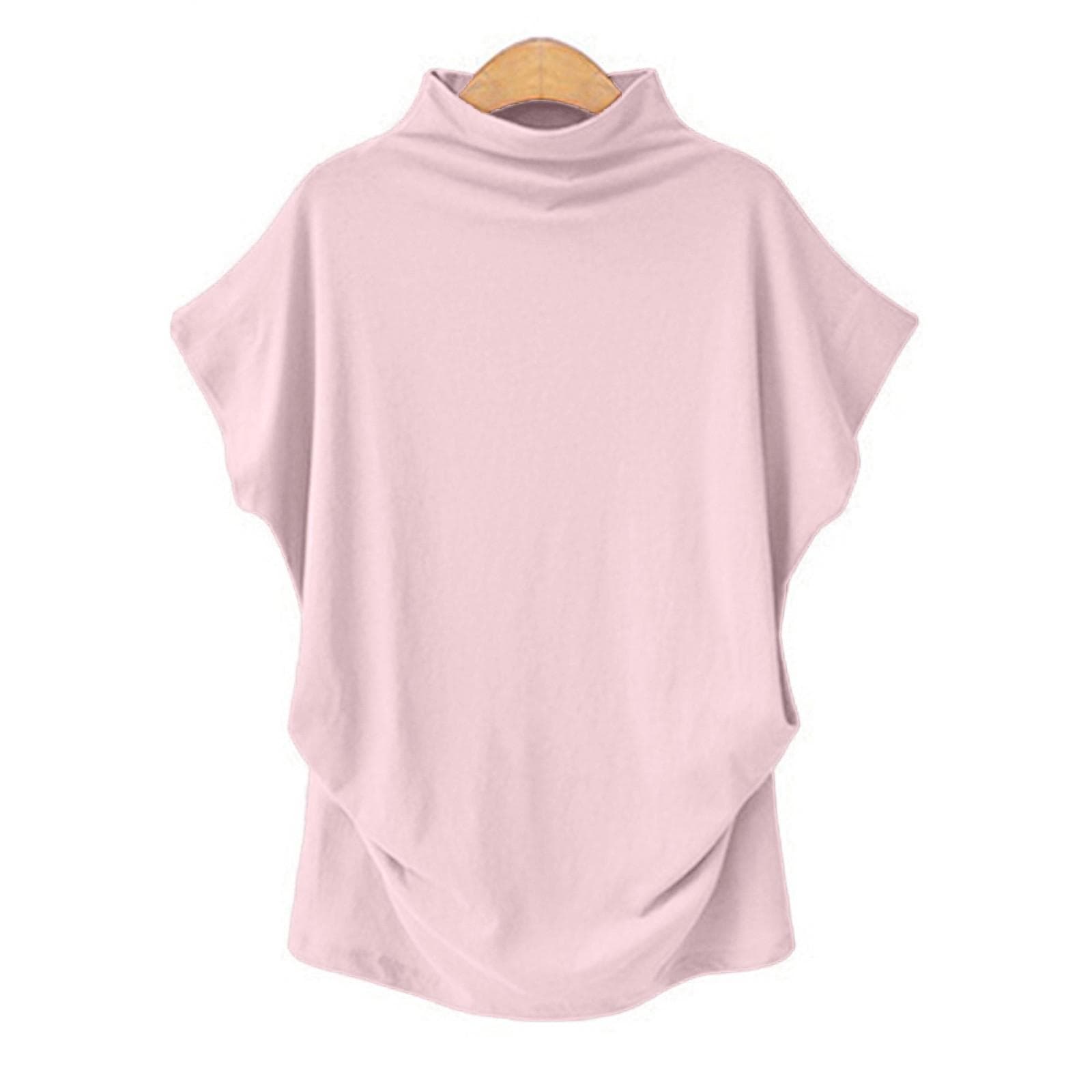 Women's Turtleneck Top Crewneck Short Sleeve T-shirt XL pink
