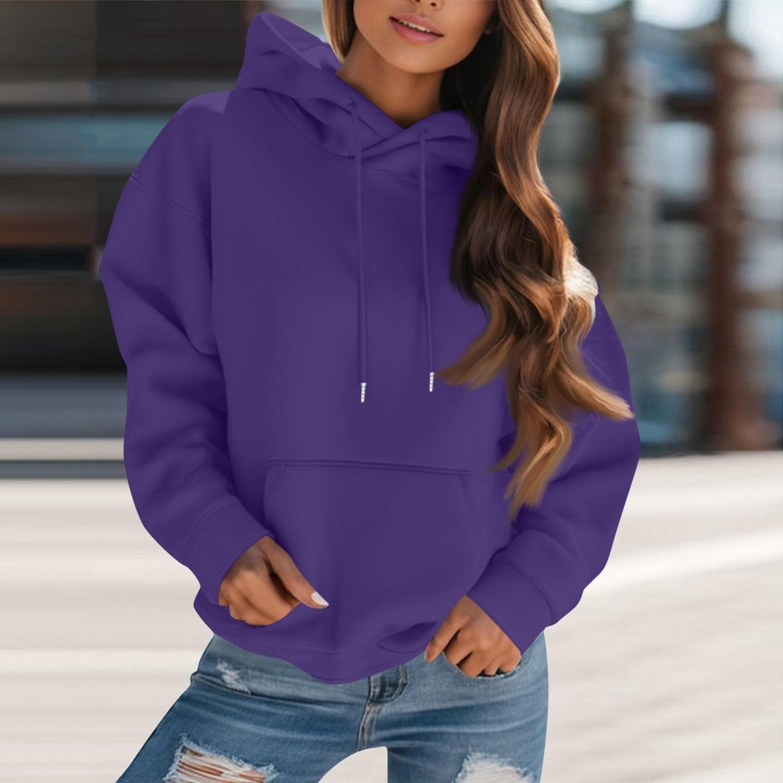 Women's Fashion Solid Color Hooded Drawstring Long Sleeve Loose Pullover Sweatshirt Top S purple