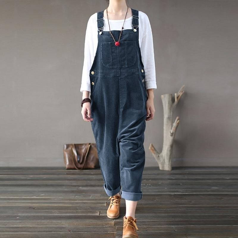 Vintage Women Corduroy Overalls Dungarees Solid Color Bib Pants Sleeveless Loose Jumpsuits Rompers XL blue