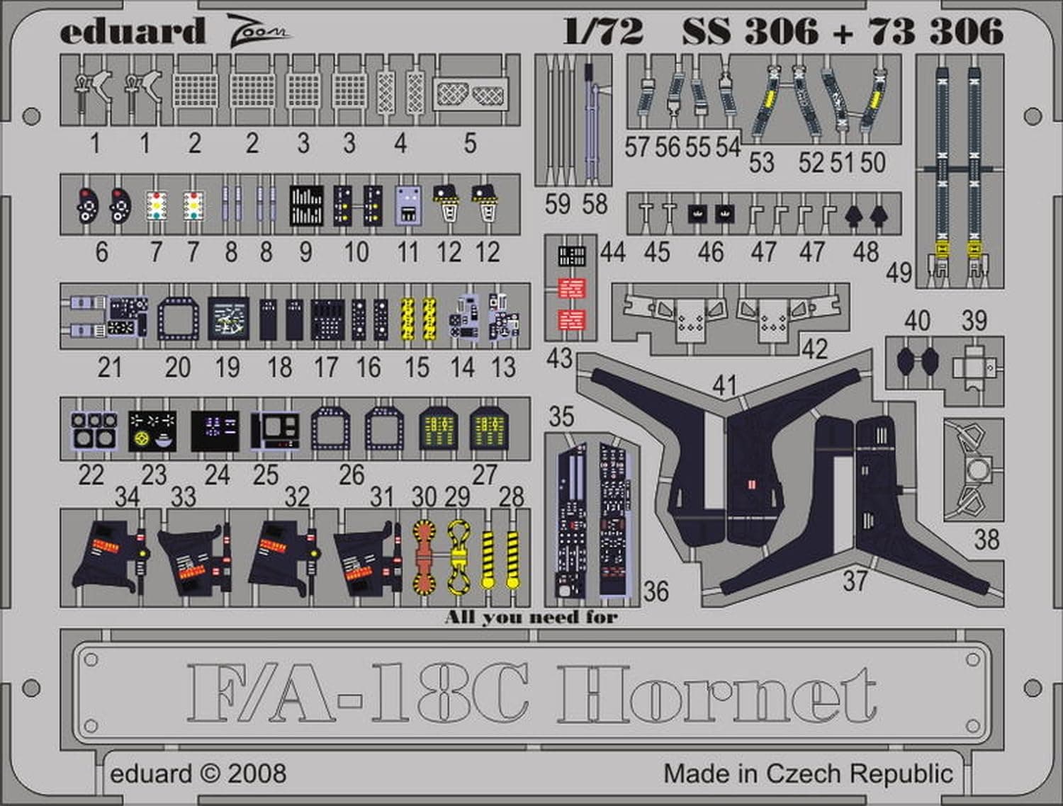 Eduard Zoom Series McDonnell Douglas Hornet Etched Parts Plastic Model Kit Parts EDUSS306 1/72 F/A-18C (for Academy) (Airplane)