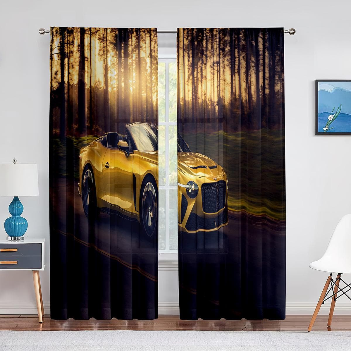 Sports Car and American Flag Tulle Curtains for Bedroom Kids Boys Teens Racing Car Sheer Voile Curtain for Window Drapes Blinds 1 PCS W100XH250cm&Grommet Top