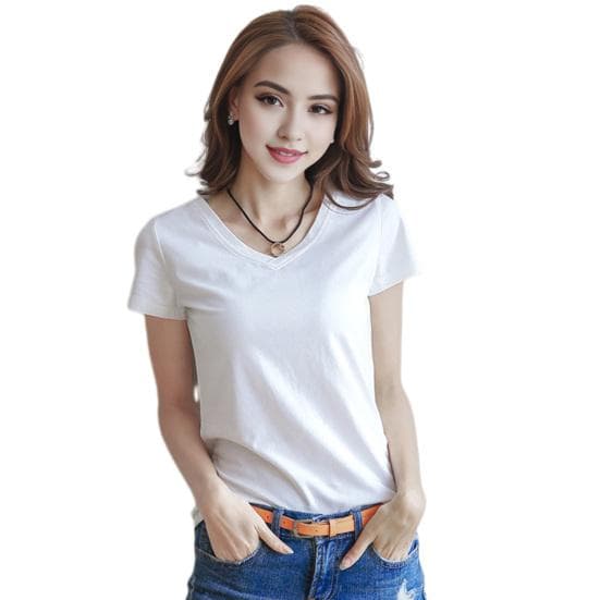 Women Summer T-shirt V-neck Short Sleeve Slim Fit T-shirt Solid Color Pullover Tops Stretchy L white