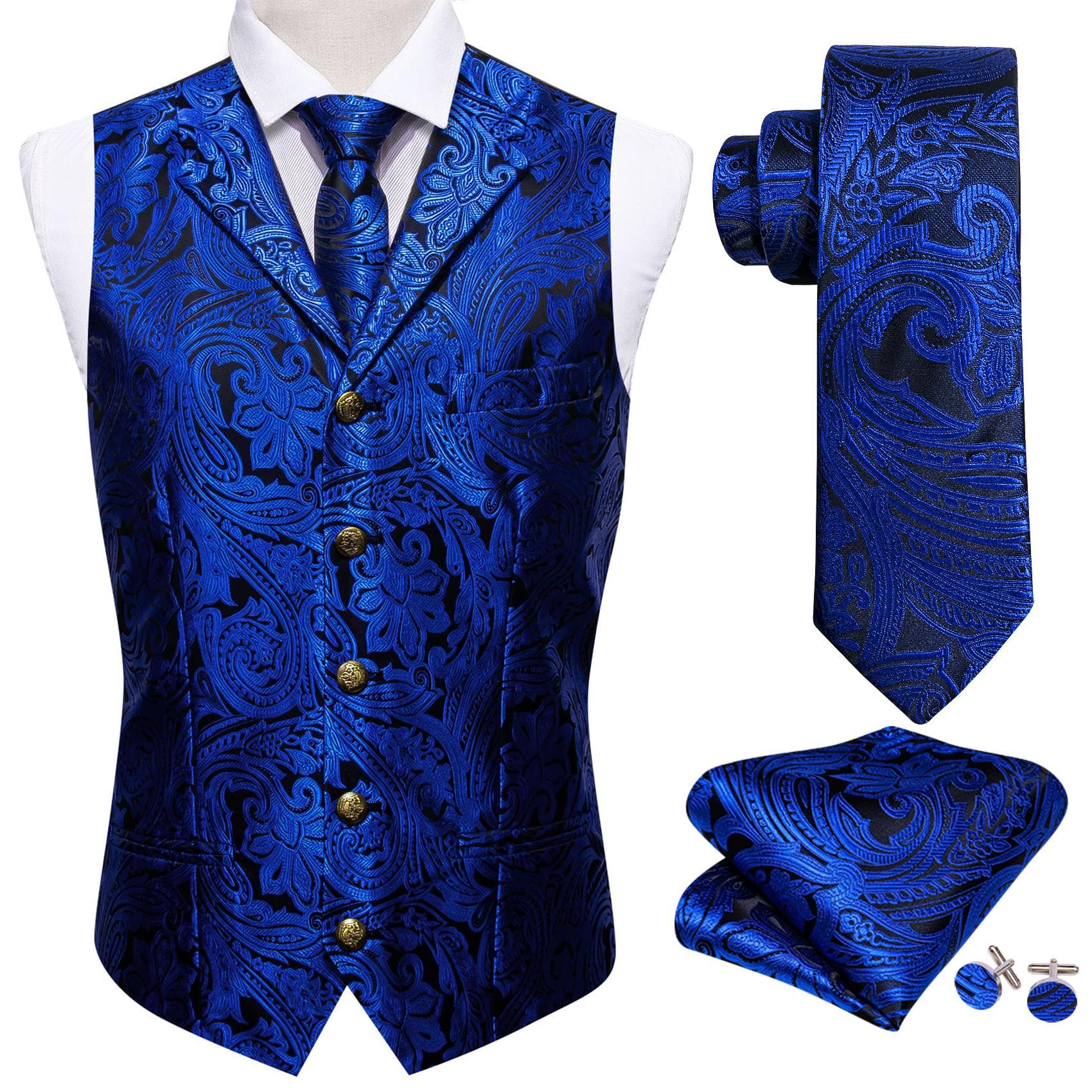 Barry.Wang Mens Waistcoat Vest Tie Hankerchief Cufflinks Dark Red Paisley Collar Copper Buckle Jacquard Woven Silk Wedding Dating Party Set L