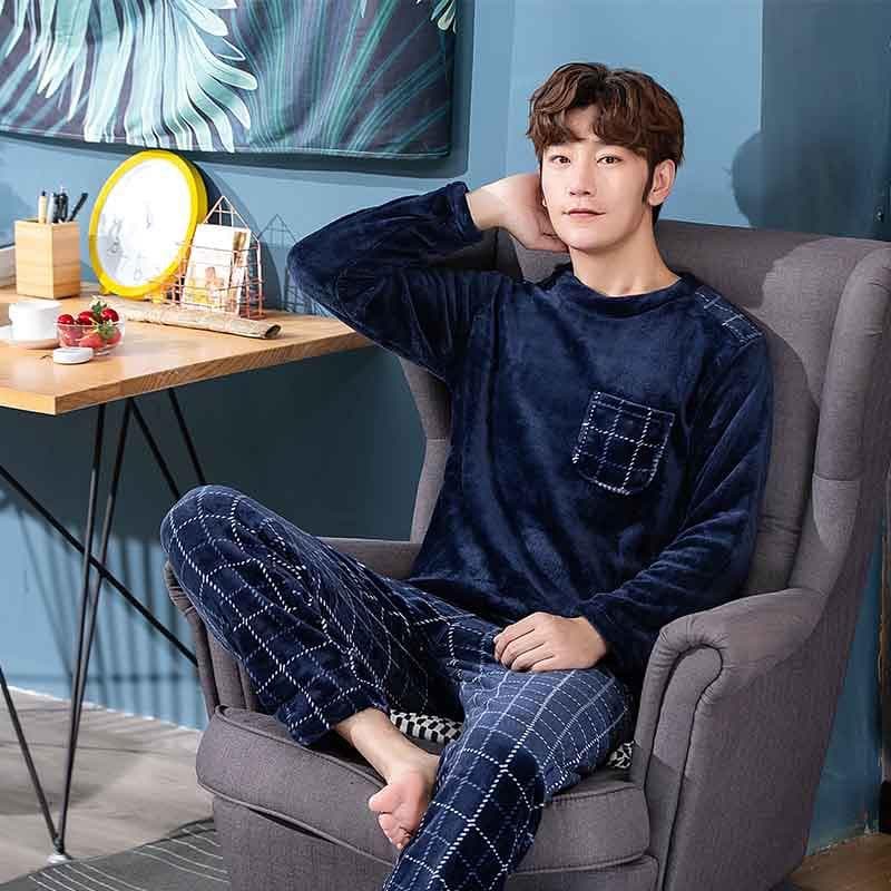 Thickened Warm Winter Flannel Pajamas Men's Comfortable Round Neck Home Wear Leisure Suit Cartoon Bear Sleepwear Homewear L