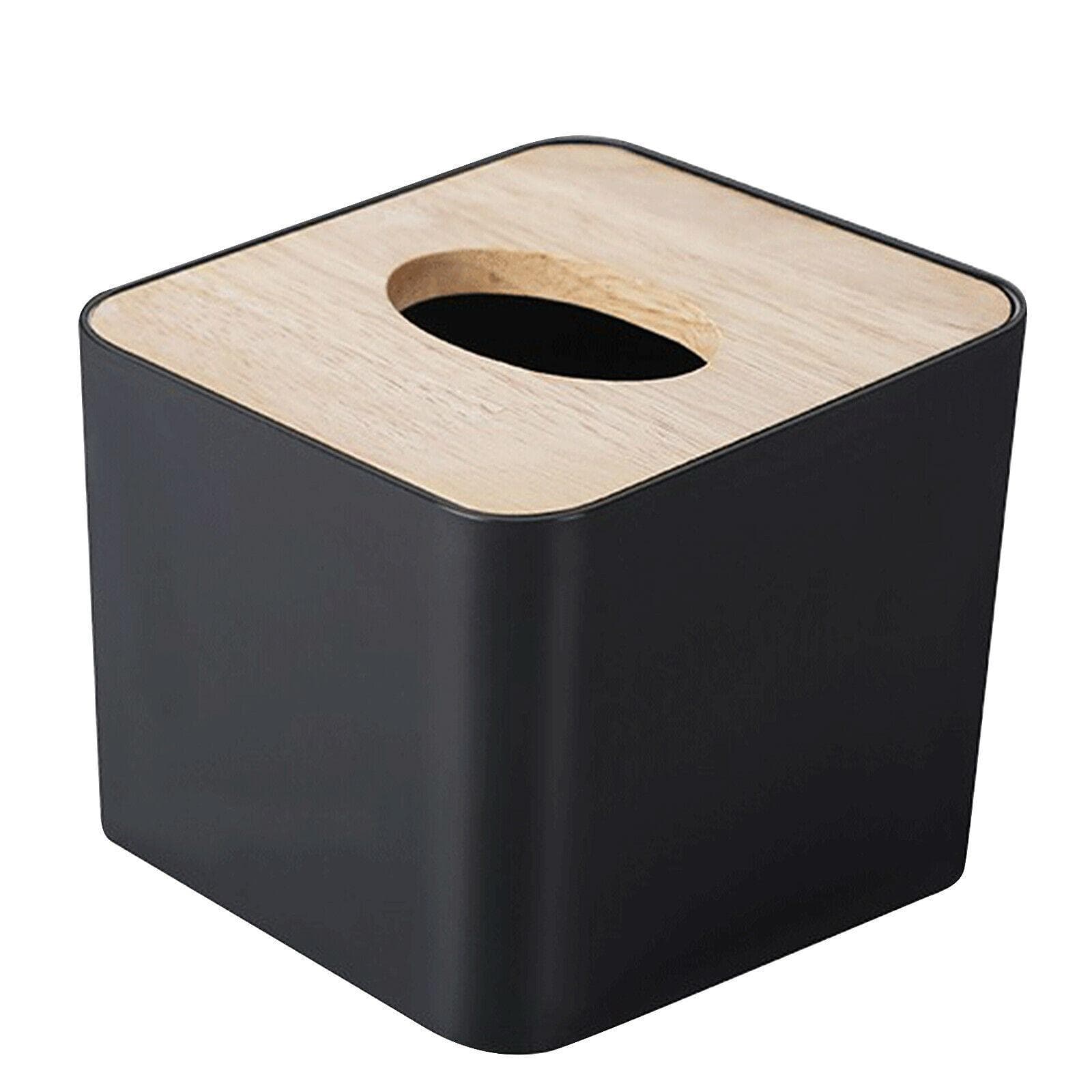 Cover Tissue Box with Bamboo Top,Rectangular,Plastic,11 * 11 * 8cm,Tissue Dispenser Box for Living Room,Office,Car,Bathroom Small Imple Storage Box black