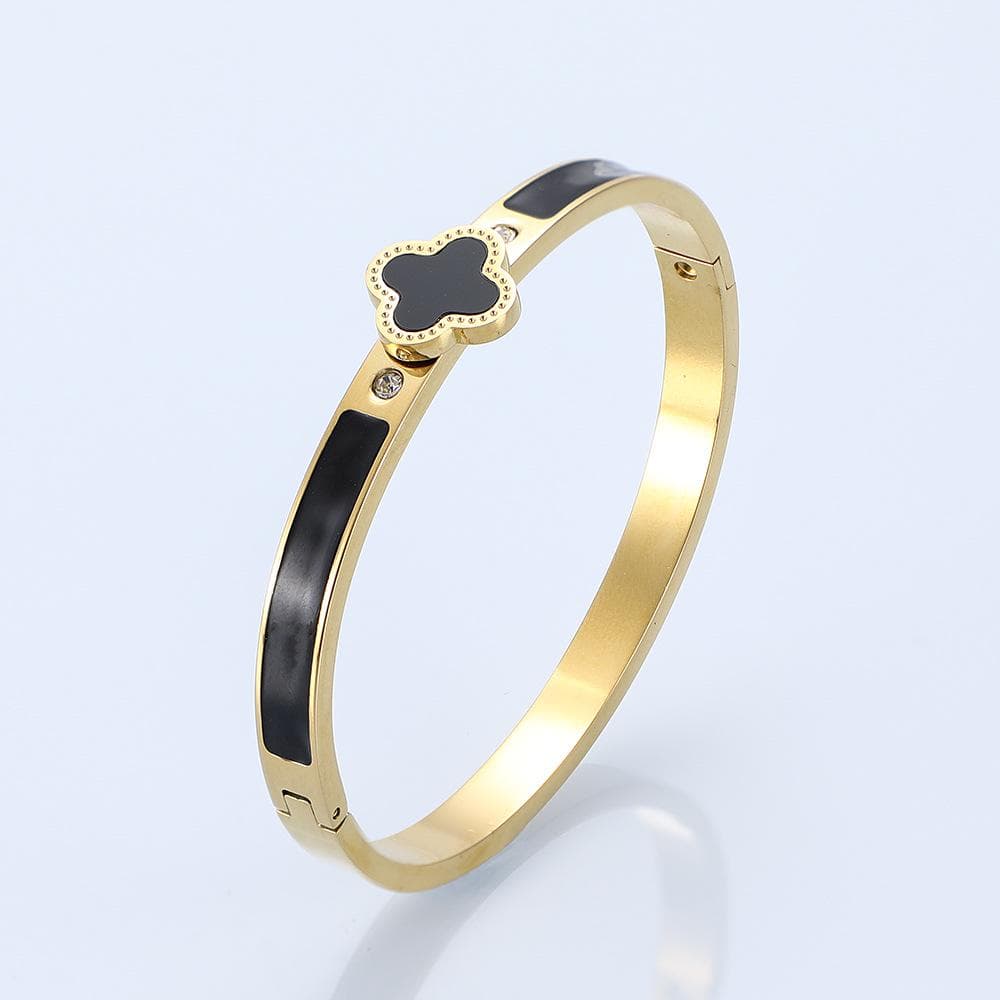Four-Leaf Clover Bracelet & Ring Set: Titanium Steel, Oil Drip Diamond, Available in Black, White, Red, & Green