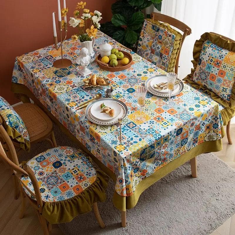 European Style Splicing Edge Tablecloth Plant Patterned Velvet Tabletop Cover Hotel Home Decoration Rectangle Tea Table Mat 140x140cm 1pcs