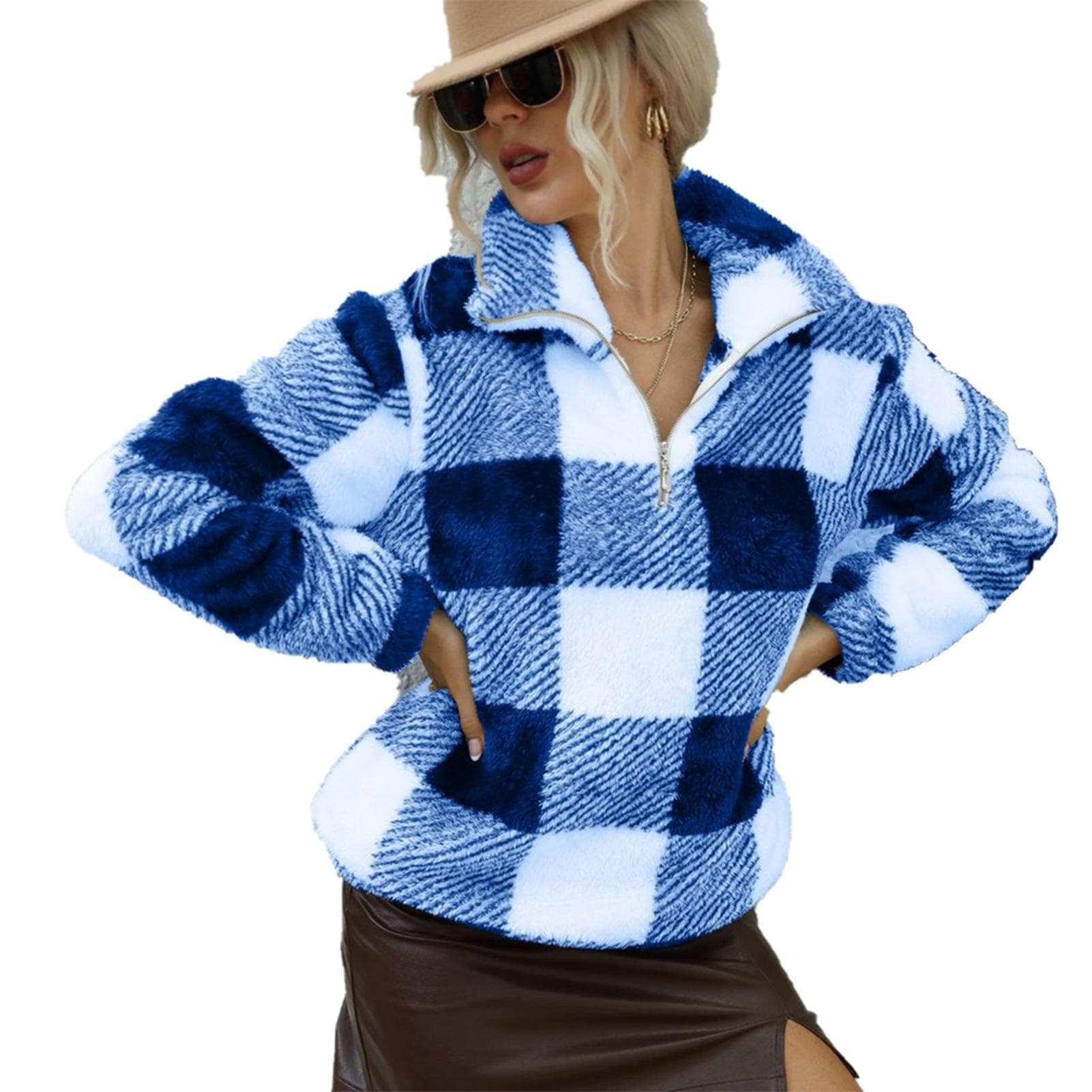 Plaid Fuzzy Coat Pullover Long Sleeve Turn Down Collar with Quarter Zip Soft Oversized Plaid Fleece M blue