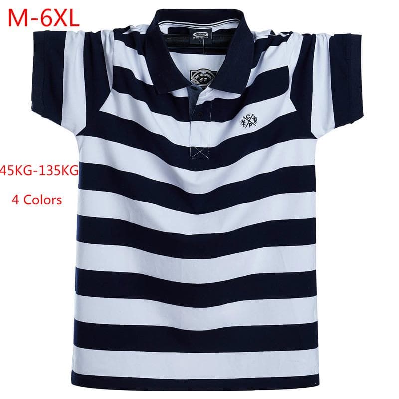 Men Short Sleeve Polo Shirt Summer Stripe Cotton Business Casual Male Polo Shirt Lapel Collar M-6XL 4XL white