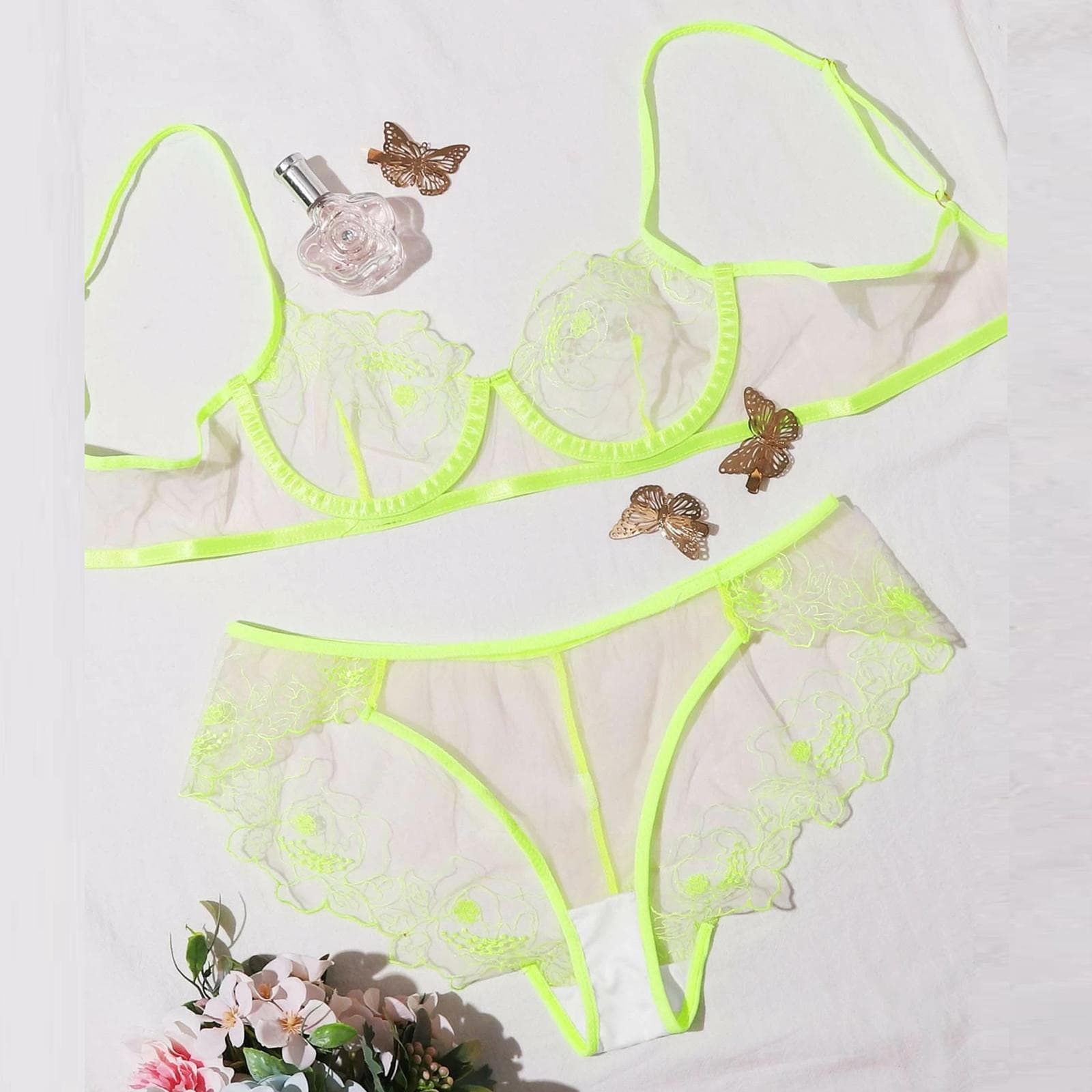 New Women's Sexy Bras and Panties Lace Flower Mesh Embroidered Sheer Lingerie Set XL neon yellow