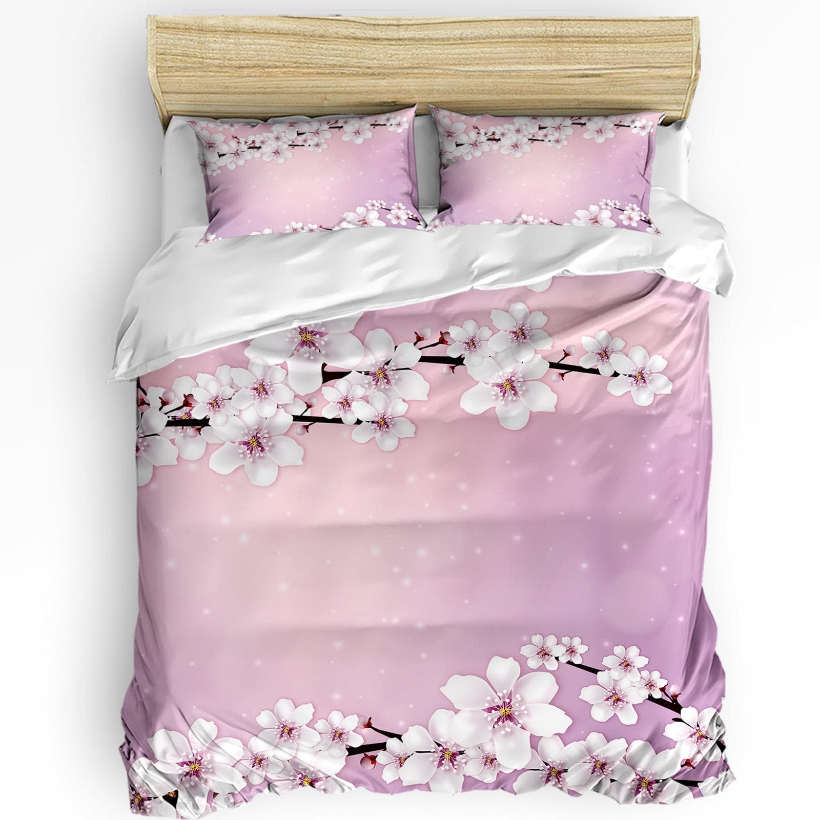 Japanese Style Sakura Cherry Blossom Pink Flower 3pcs Bedding Set For Double Bed Home Textile Duvet Cover Quilt Cover Pillowcase EU King(240x220cm)