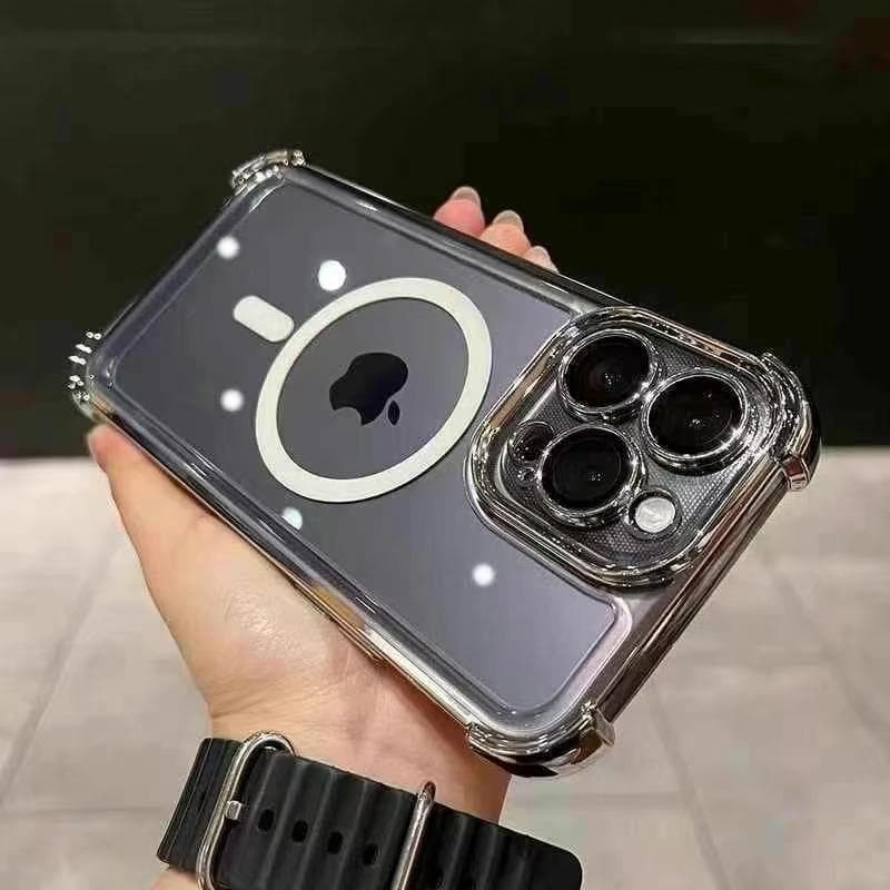 Applicable To IPhone 16 Magnetic Suction Phone Case Four Corners Anti-fall Apple 15 ProMax Acrylic Electroplating 14 Protective Case iPhone12proMax silver