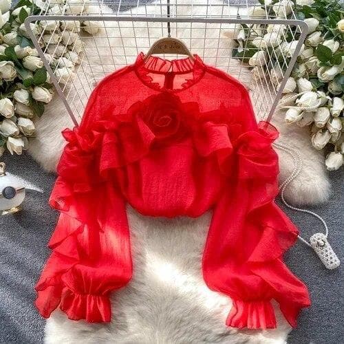 Irregular 3D Flowers Blouse for Women O-neck Flounced Edge Long Puff Sleeve Shirts French Chic Pullover Female Tops Dropshipping One Size red