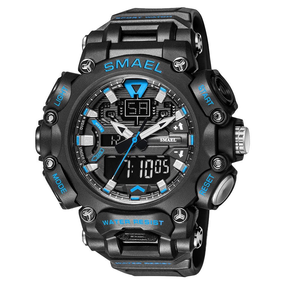 SMAEL Military Watch Sport Waterproof 50M Stopwatch Analog Digital Wristwatches Week Display Alarm Clock 8053 Digital Watches Mens blue