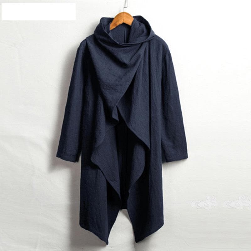 Men's Cotton and Linen Cape Long Irregular Cape Spring New Long-sleeved Coat L navy blue