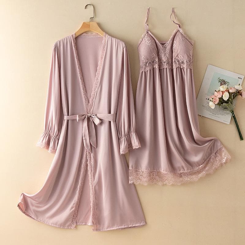 Women 2PCS Robe Nightgown Set Sleepwear Sexy Lace Trim Bathrobe Gown Nightdress Summer New Loose Silk Satin Home Wear Loungewear L