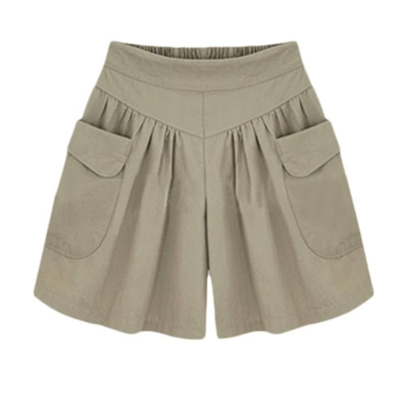 Women Fashion Summer Loose Casual Shorts Elastic Waist Beach Shorts Solid Color Breathable Wide Legs Pants XL khaki