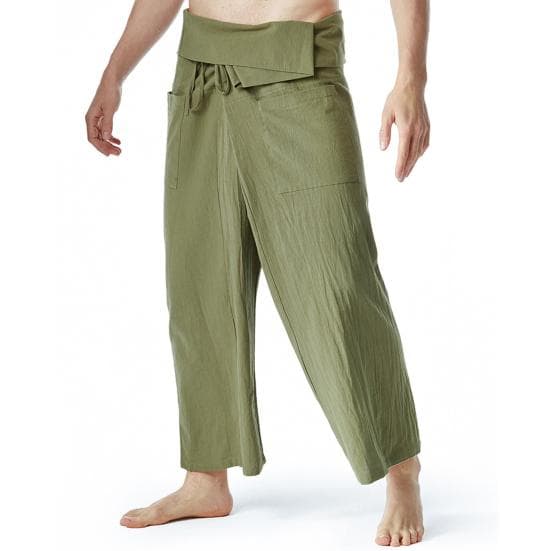 Thai Fisherman Pants Stylish Solid Color Flax Yoga Pants Loose Fitting Men Yoga Trousers Thai Fisherman Pants Daily Life army green