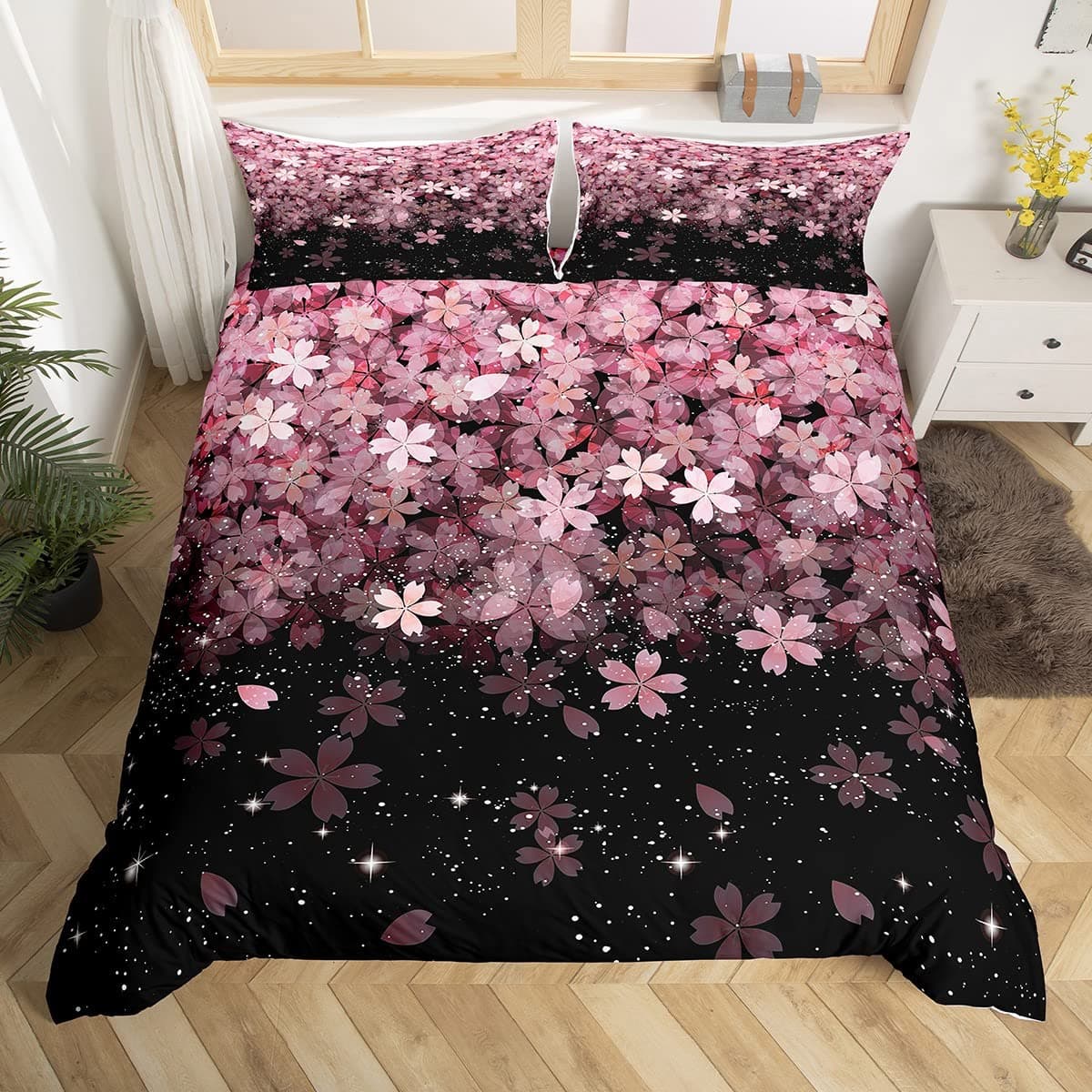 Japanese Duvet Cover Set, Sakura Tree Flowers Cherry Blossoms Spring Theme Art, Decor 3 Piece Bedding Set with 2 Pillow Shams EU single(135x200cm)