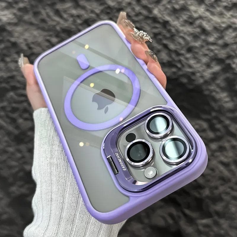 Luxury Magnetic Shockproof Phone Case For iPhone 16 15 14 13 12 11 Pro Max Plus Funda Stand Glass Lens Protection Back Cover iPhone 15 Plus light purple