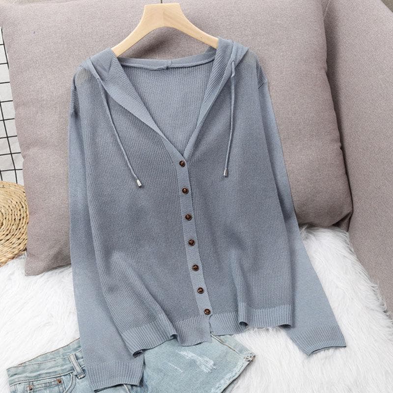 Hooded Ice Silk Summer Knit Cardigan Jacket Women's Top Loose Thin Section Hollow Sunscreen Outer Wear XL blue