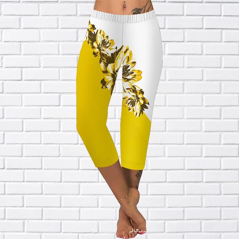 Pants Summer Yellow Butterfly Short Leggings Cropped Skinny 0Trousers Plus Size Leggins Ladies White Pansy Pants Cropped Pants For Women XL yellow