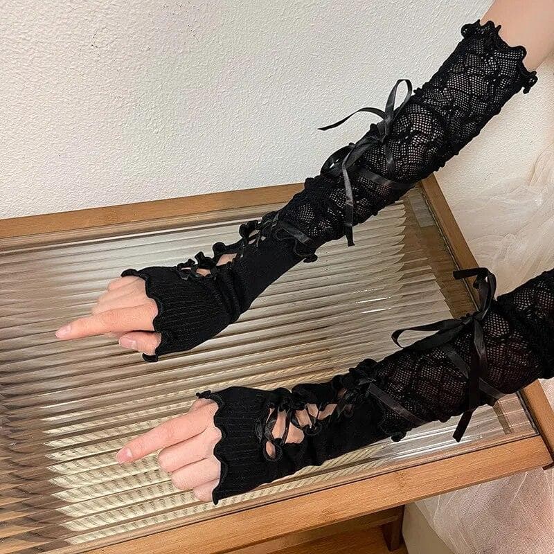Women Lolita Jk Lace Fingerless Gloves Black Gothic DIY Strapping Sunscreen Sleeve Clothing Accessories Elastic Mesh Punk Gloves white