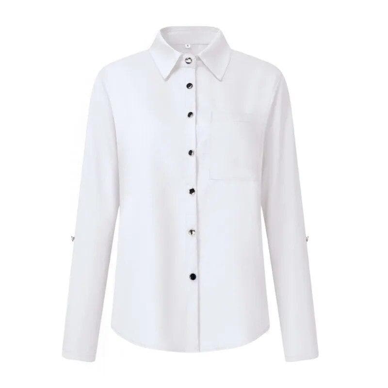 Spring Autumn Solid Long Sleeve Shirt Women Single-breasted Casual Women Blouse Office Turn-down Collar Simple Lady Tops 30437 M white