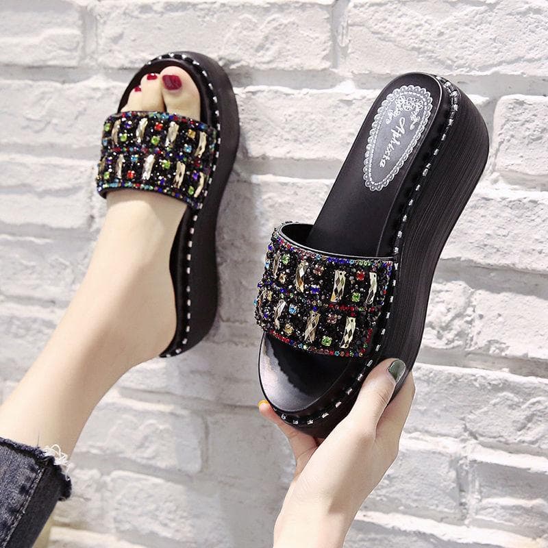 6cm High-heeled Rhinestone Slippers Women Summer Wear All-match Rivets Thick-soled One-word Drag High-heeled Shoes Crystal Sequins 35