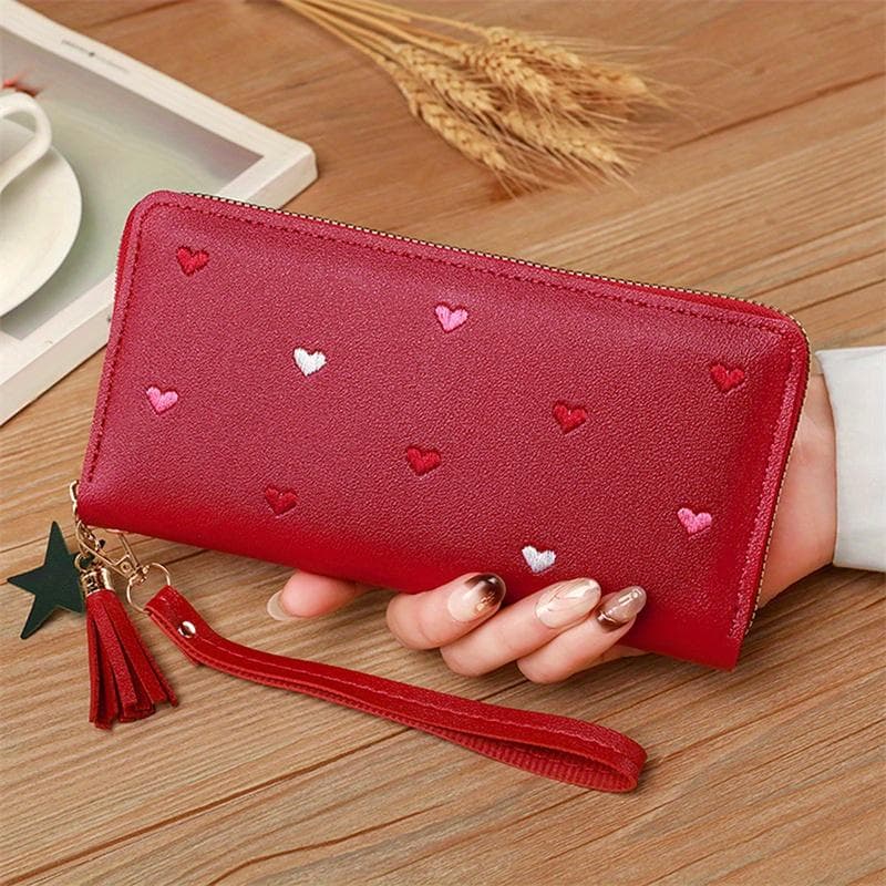 Women Long Wallets Purses Luxury Love Heart Wallets for Ladies Girl Money Pocket Card Holder Female Wallets Phone Clutch Bag wine red