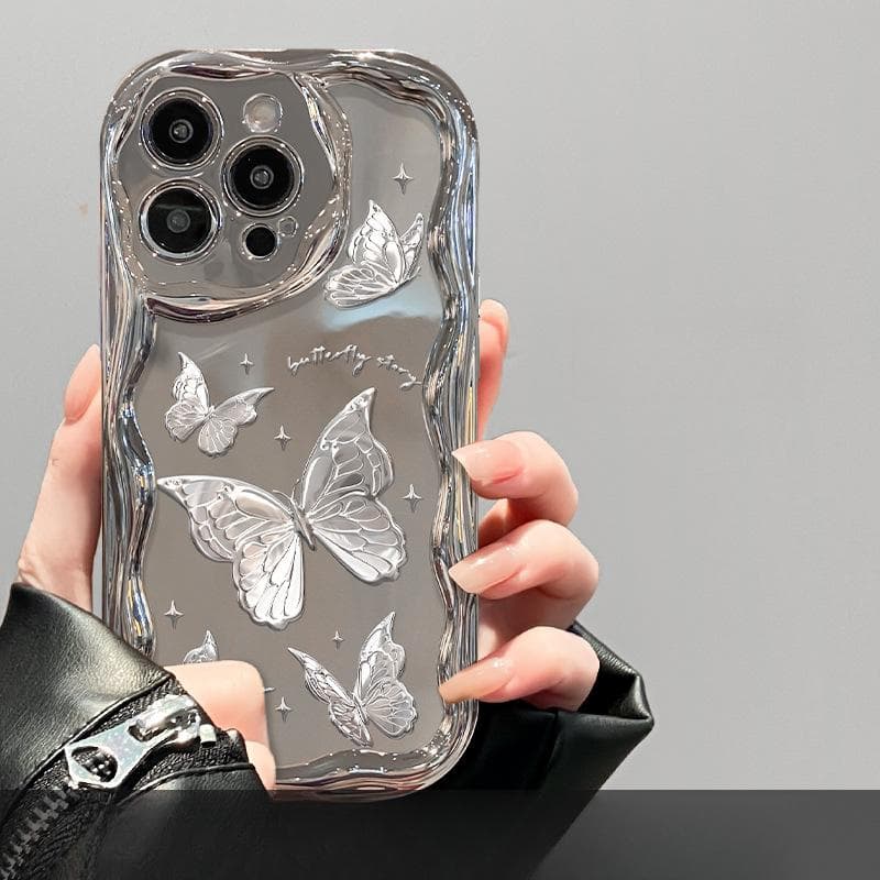 Applicable To Apple 15 Mobile Phone Case IPhone 14 Feather Yarn Butterfly Chain 13promax Electroplated Silver 12 Silicone Anti-fall iPhone 6s Plus