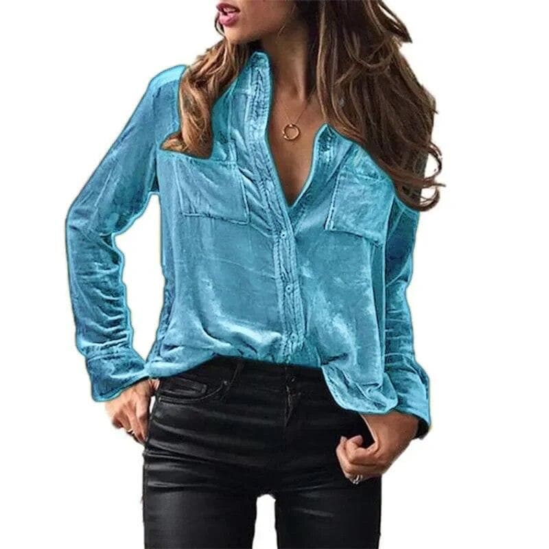 Fashion Long Sleeve Pockets Loose Women Blouse Elegant Solid Button Up Simple Shirt Woman Tops Spring Autumn Velvet Shirts 30538 M light blue