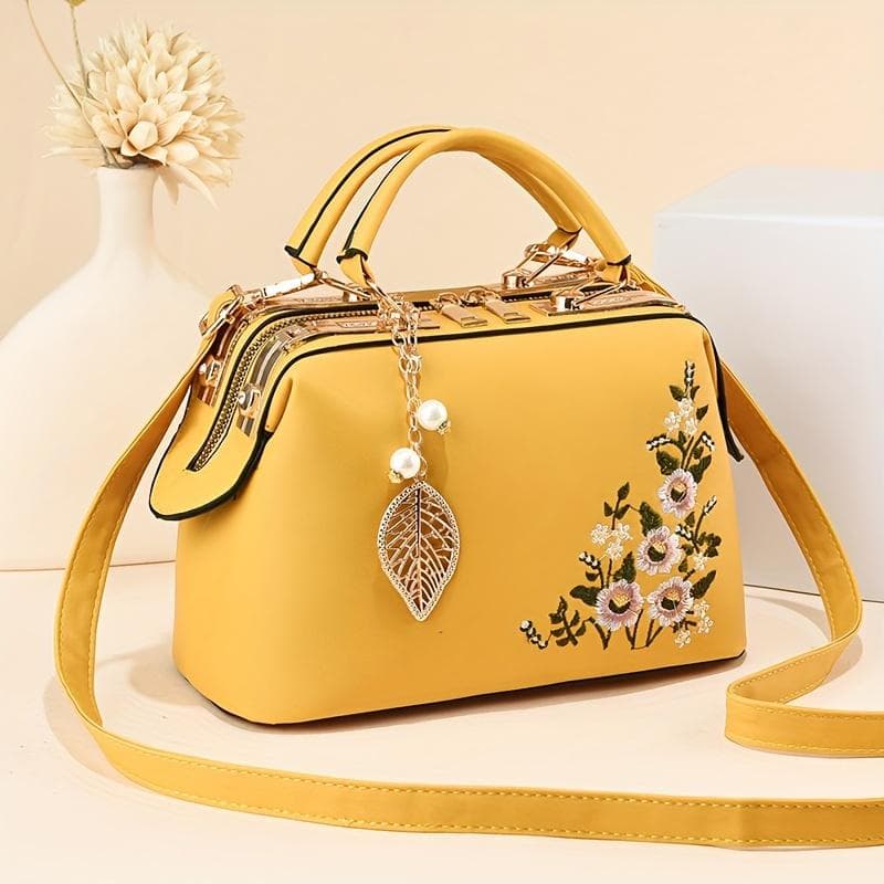 Small Elegant Floral Handbag Fashion Elegant Floral Embroidered Handbag For Women Shoulder Crossbody Bag Polyester Lined With Zipper Closure yellow