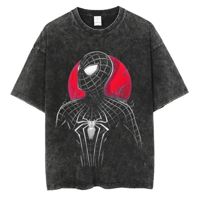 Spider Man Printed Short Sleeved T-shirt For Autumn Casual Men's Streetwear Retro Distressed Washed Oversized Harajuku Cotton Material XXXL brown