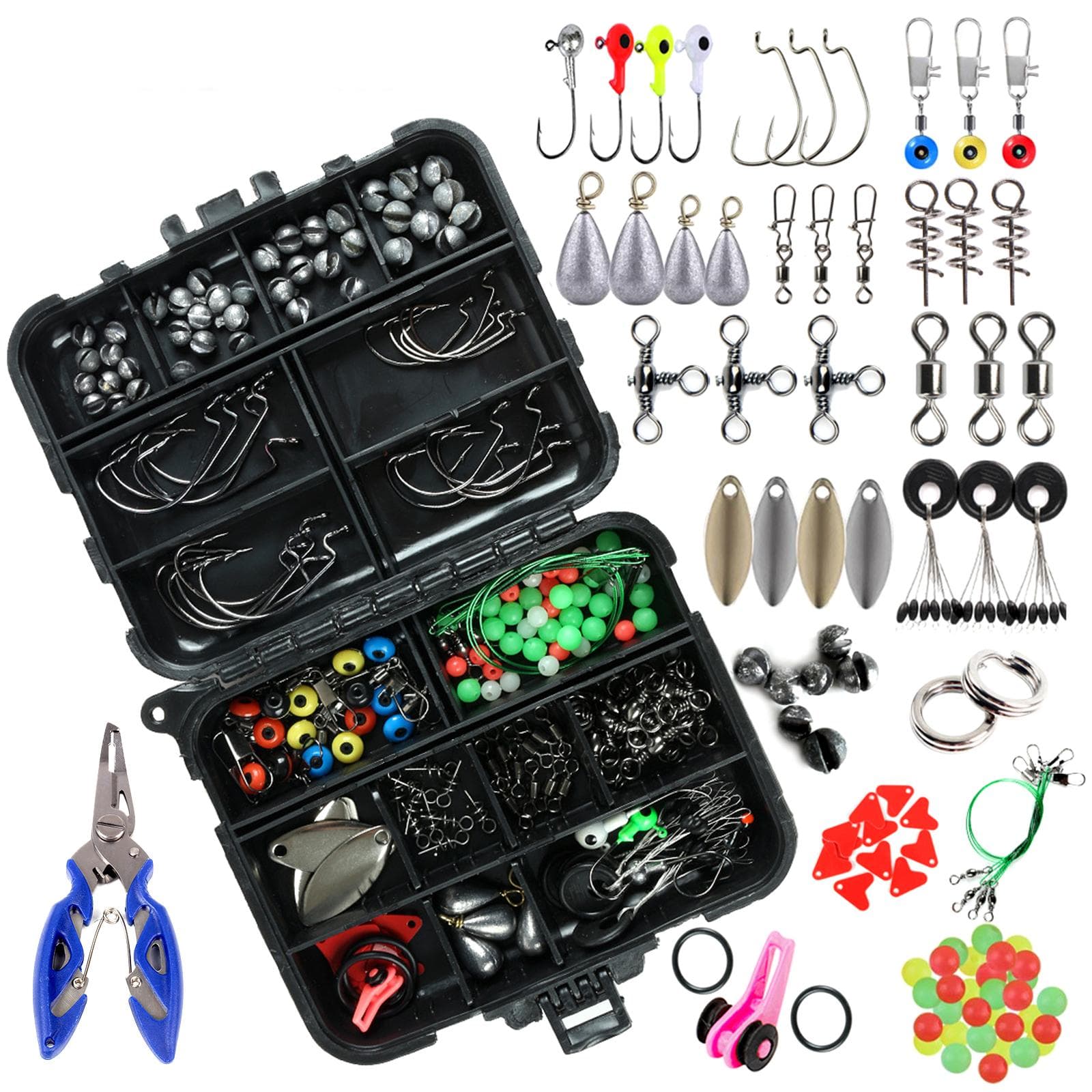 188pcs Fishing Accessories Kit with Tackle Box Pliers Jig Hooks Swivels Snaps Sinker Sliders Beads 188pcs set