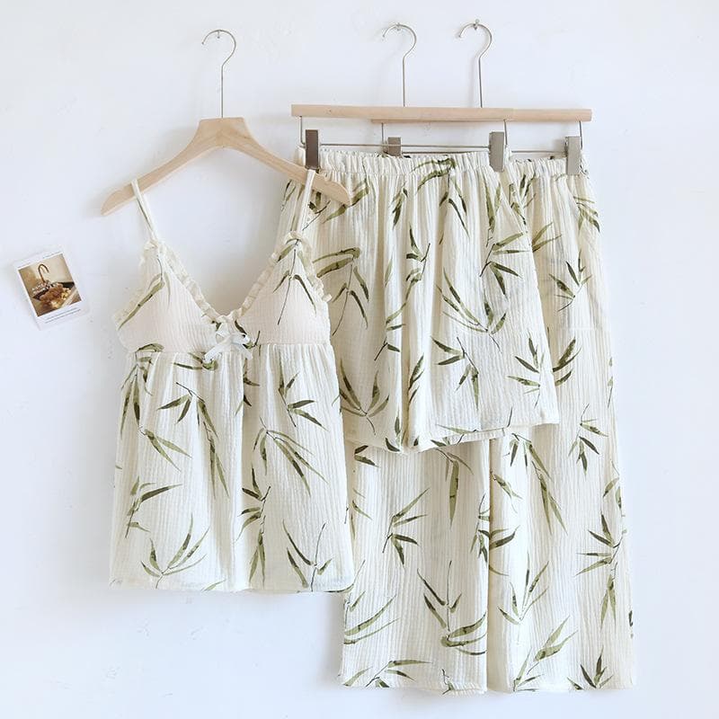 Summer New Women's Pajama Set 100% Cotton Crepe Suspenders + Shorts + Nine-quarter Pants Three-piece Set with Chest Pad M