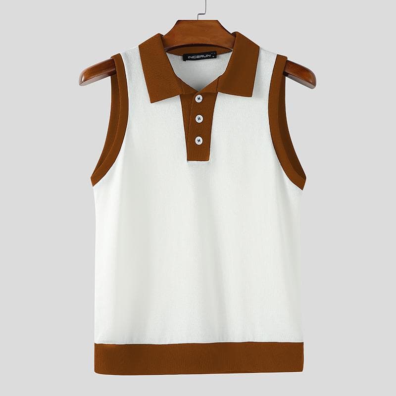 INCERUN Summer Men Lapel Sleeveless Stitching Casual Thin Fitted Tank Tops 3XL brown