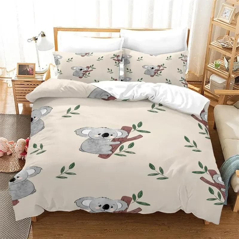 Cartoon Koala Duvet Cover Microfiber Cute Animal Bedding Set Leaves Flowers Comforter Cover For Boys Girls Children Room Decor 70x133cm 2pcs