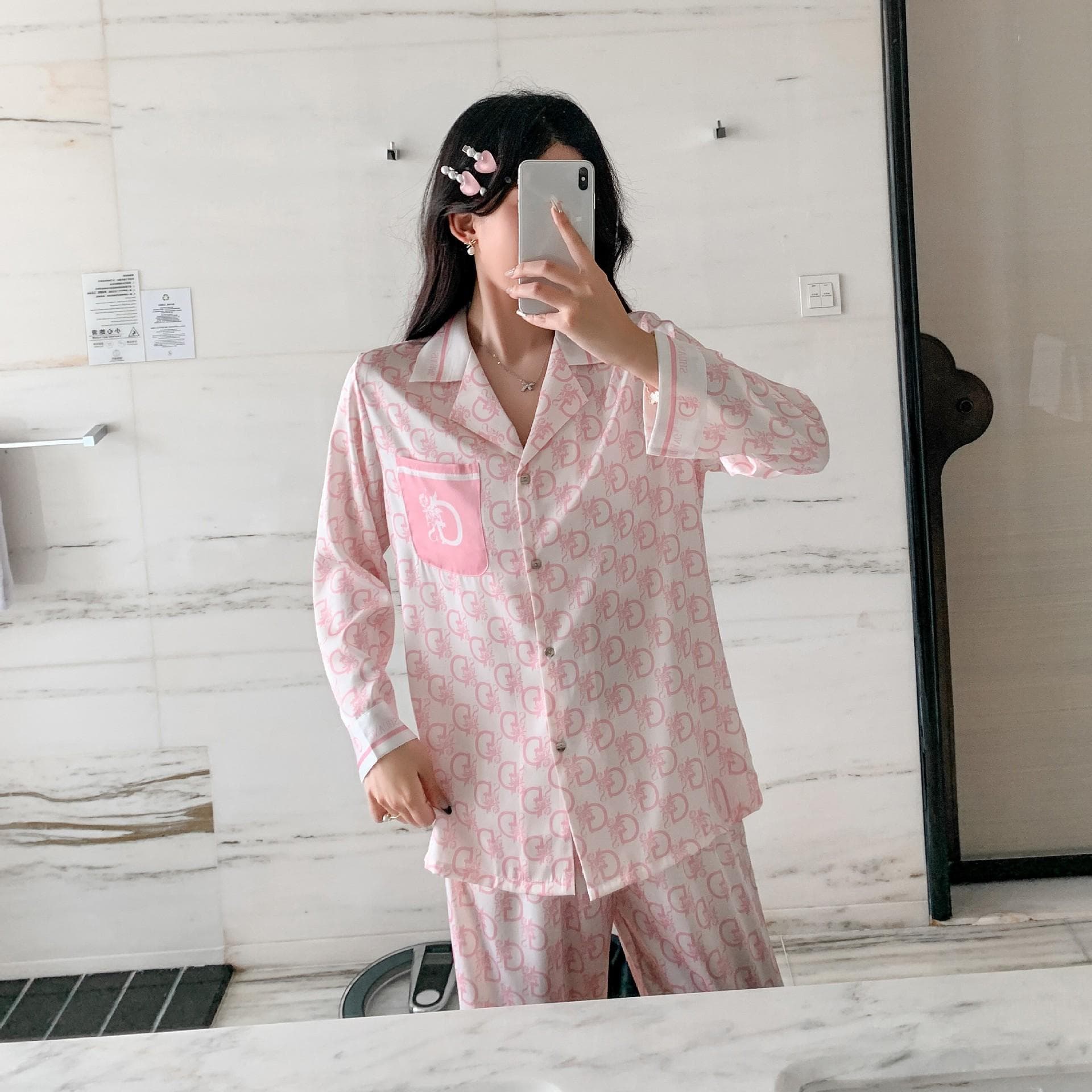 Autumn New Ice Silk Mesh Long-sleeved Trousers Women's Pajamas Simple Casual Cardigan Home Wear Set 2XL pink