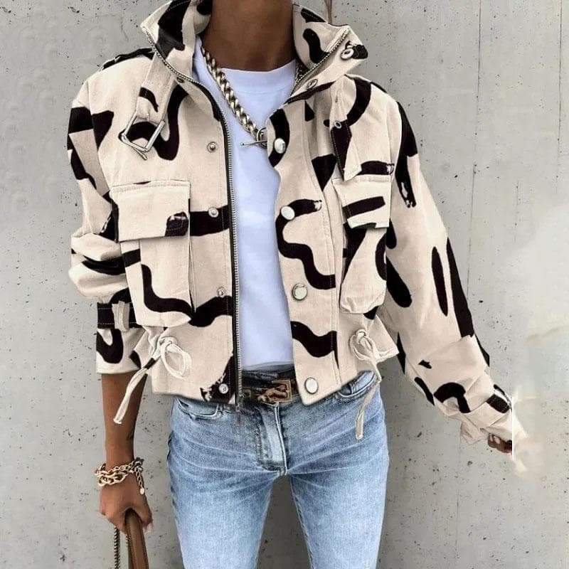 Women's Jacket Printed Workwear Long Sleeve Drawstring Coat Short Windbreaker XL apricot