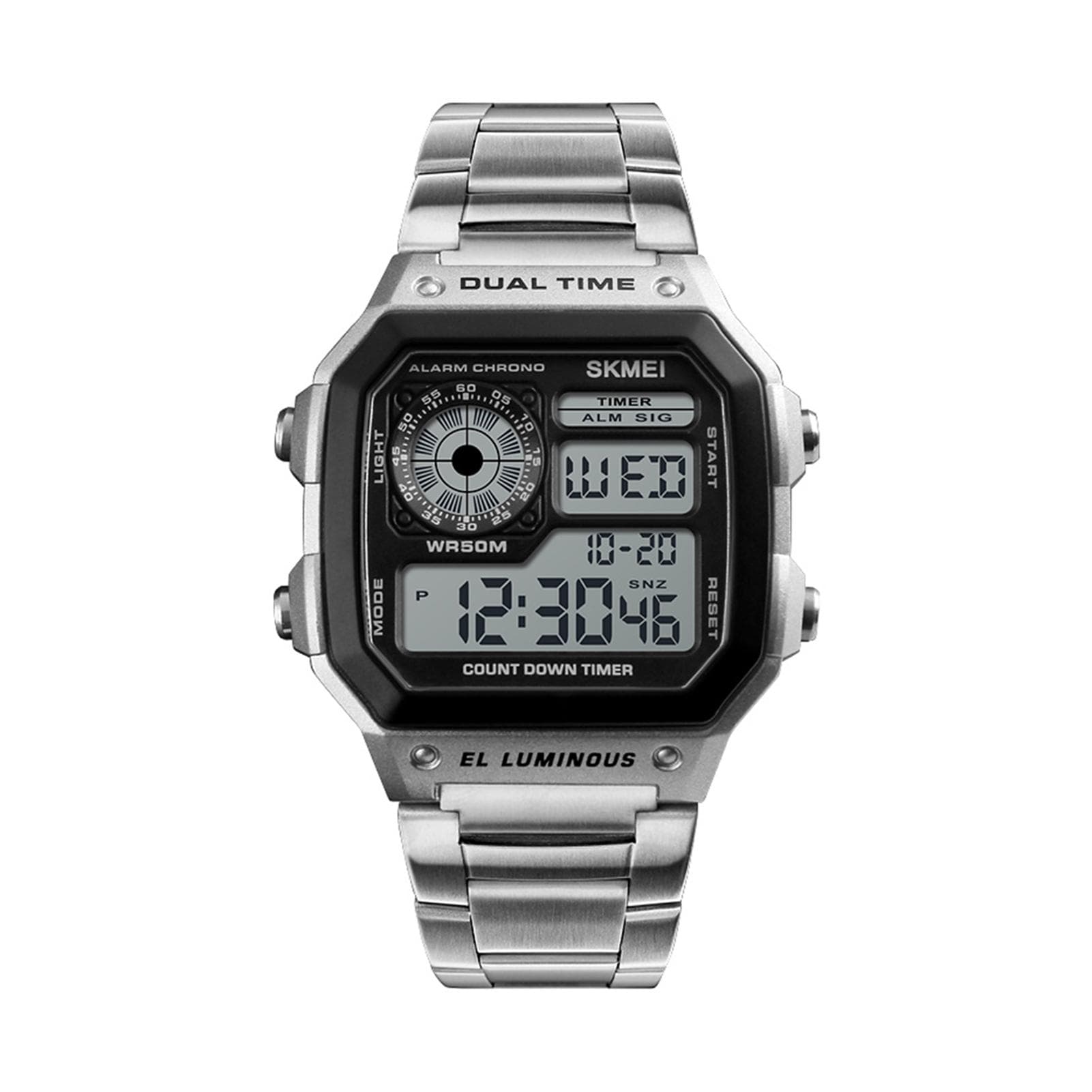 SKMEI Sport Stainless Steel Men Watch 5ATM Water-resistant Digital Backlight Man Wristwatch Male silver