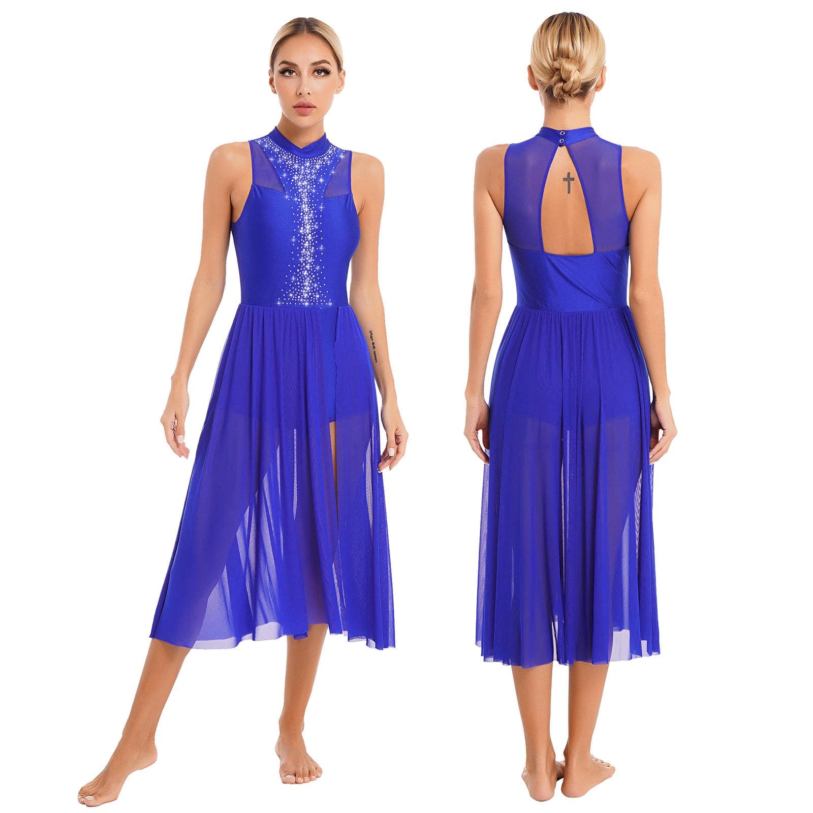 Women Lyrical Dance Costume Contemporary Dance Leotard Dress Dancewear Performance Costume XL royal blue