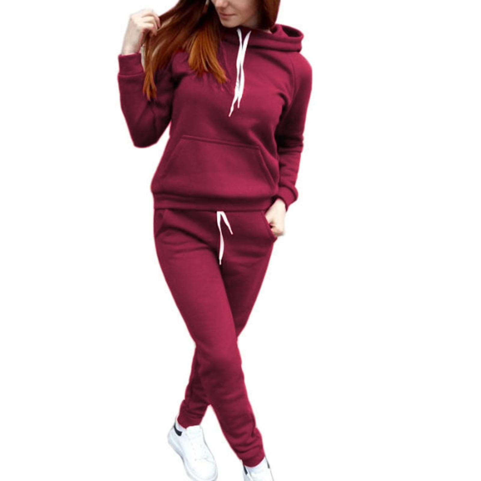Simple Women's Autumn Sports Suit Hooded Sweatshirts and Pants Set XL dark red